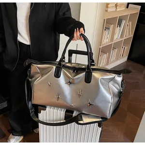 Silver metallic travel duffel bag with 3D star studs, large capacity lightweight gym bag.