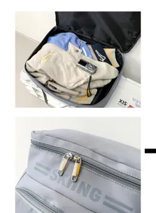 Nahaufnahme des grauen Skirucksacks mit glatten Doppelreißverschlüssen und strapazierfähigem Stoff.