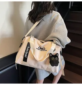 Freizeitreisetasche für Damen, große Sporttasche Umhängetasche mit süßem Katzenanhänger.