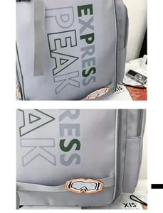 Graue Skirucksack Detailansicht zeigt strapazierfähiges wasserdichtes Material und Frontdruck.
