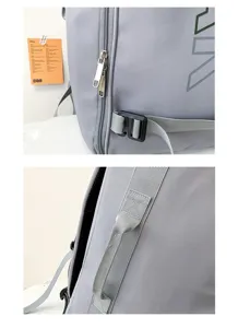 Nahaufnahme der grauen Skirucksack-Details mit robustem Reißverschluss und Schnalle.