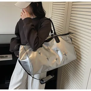 Large capacity metallic silver travel duffel bag with star rivets for women short trips fitness