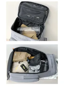 Großer grauer Ski-Rucksack mit vielen Fächern für Outdoor-Reisen und Sportausrüstung.