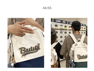 Casual canvas backpack for women and students with large capacity and stylish letter patch.