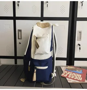 Casual colorblock backpack for women and students, large capacity travel school bag.