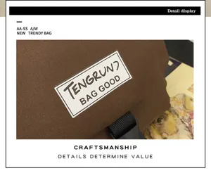 Dettaglio borsa a tracolla in tela con tessuto marrone resistente ed etichetta brand.