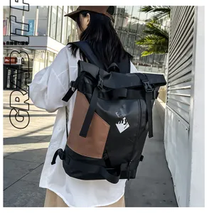Detailed view of the stylish large capacity casual travel backpack in black and brown design.