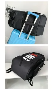 Detailansicht des großen schwarzen Reise-Rucksacks mit Kofferriemen und Seitentaschendesign.