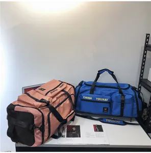 Detailansicht von grossen Reisetaschen in Rosa und Blau mit mehreren praktischen Fächern.
