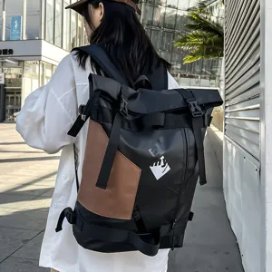 Fashion Unisex Roll-Top Nylon Backpack Techwear Color Block Large Capacity Casual Waterproof Backpack For College High School Students Laptop Travel Bag