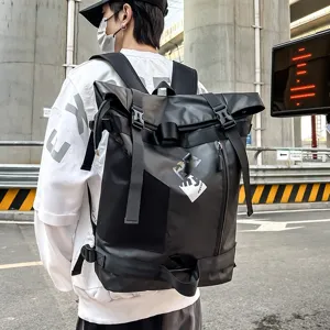 Casual large capacity black waterproof roll-top backpack for men and travel outdoor.