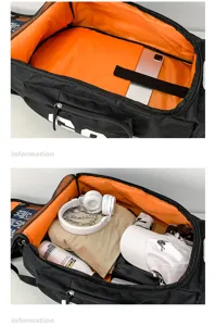 Schwarzer, grosser Reise-Duffel-Fitness-Rucksack mit hellem orangenem Innenfutter.