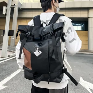Large capacity casual black roll-top backpack with adjustable straps for daily travel.