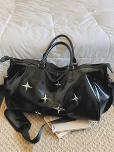 Black shiny travel duffel bag with star studs large capacity weekend overnight bag for women