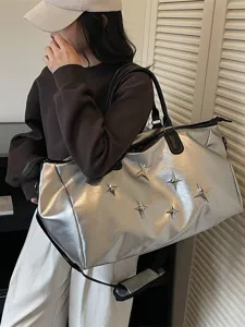 Women large capacity travel duffel bag metallic silver star studded tote for gym and weekend trips