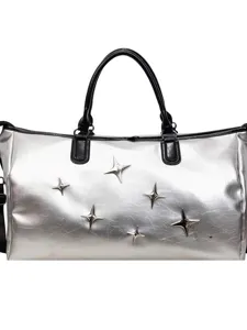 Large capacity silver metallic travel duffle bag with black handles and metal star studs.