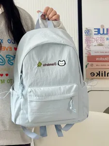 Japanese style sweet casual backpack for women, cute light blue school bag with cat embroidery.