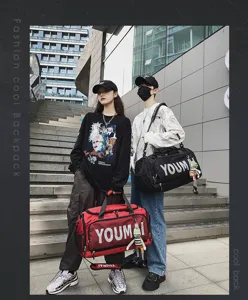 Detailed shot of large capacity travel duffel bag in outdoor urban scene, stylish and practical.