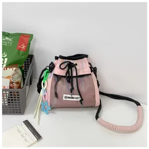 Rosa schwarze Kordelzug Eimer Umhängetasche lässige Sport Nylon Schultertasche Damen