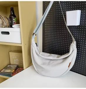 Casual light grey nylon crescent sling bag, large capacity unisex casual shoulder crossbody bag.