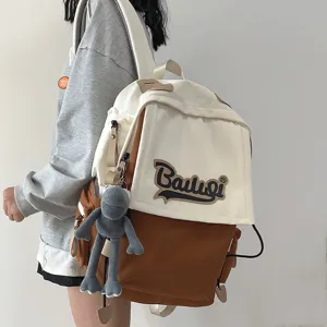 Casual white and brown canvas student backpack, large capacity travel school bag for women.
