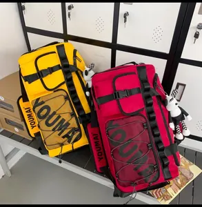Large capacity travel backpack and fitness duffel bag with mesh pockets and straps for daily use.