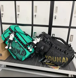 Large capacity sports gym duffel bag, versatile travel backpack with multiple pockets and straps.