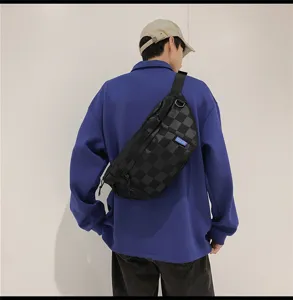 Men casual checkered sling chest bag, black canvas crossbody backpack for daily sports.