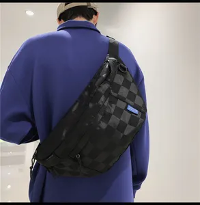 Black checkered crossbody bag for men and women, large capacity casual canvas chest bag streetwear.