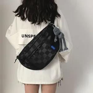 Black checkered crossbody chest bag for women and men, stylish canvas casual shoulder bag.
