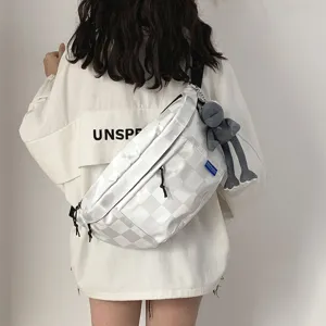 Stylish white checkered sports crossbody chest bag for daily use and casual outdoor wear.