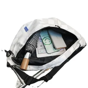 Large capacity checkered crossbody chest bag, casual sports canvas shoulder bag for daily use.