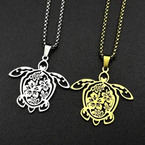 Collar de Tortuga Hueca de Acero Inoxidable Retro Colgante de Hibisco Floral Vintage con Cadena de Caja para Hombres Mujeres Regalo Diario