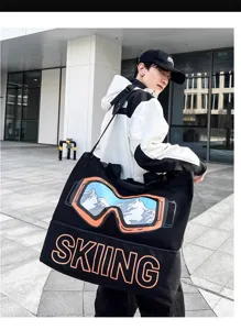 Detailansicht der großen wasserdichten Sport- und Reisetasche mit Skibrillen-Grafik.