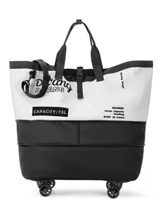Grote reistas met wielen en handvatten, zwart witte canvas weekendtas sporttas.