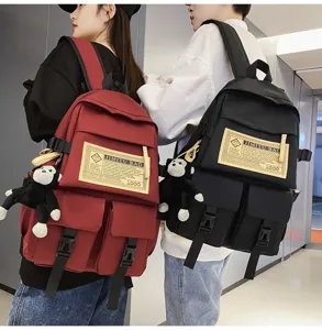 Detailansicht des wasserdichten Rucksacks mit Affenanhänger und praktischen Taschen.