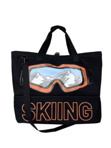Schwarze große Reisetasche für Skiausrüstung sowie praktische Umhängetasche mit Print