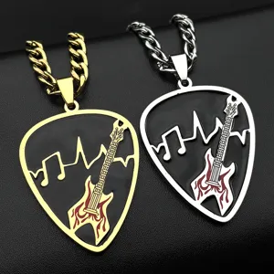 Stainless Steel Guitar Pick Pendant Necklace Music Notes Heartbeat Geometric Punk Cuban Chain Jewelry For Women Men