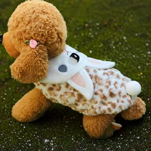 Detailed view of cute rabbit plush pet winter clothes for small dogs, warm and cozy.