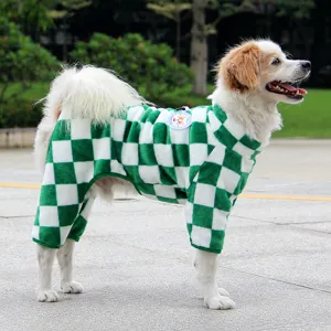 Green white checkered fleece pet jumpsuit, warm four-legged winter dog clothes for small puppies.