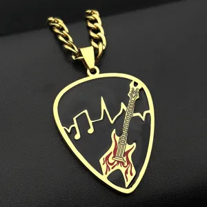 Detailed view of the stainless steel guitar pick pendant with black music note inlay necklace.