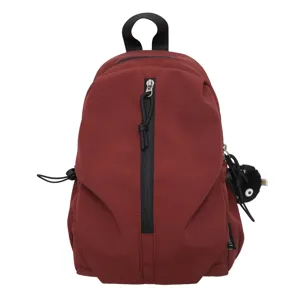 Lightweight casual backpack in wine red with front vertical zipper for daily travel.