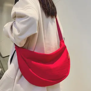 Large capacity red crossbody crescent bag for women, casual nylon shoulder hobo bag daily use