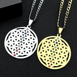 Collier Fleur de Vie en Acier Inoxydable Pendentif Géométrique Ajouré Avec Strass Colorés Chaîne Longue pour Hommes Femmes Bijoux