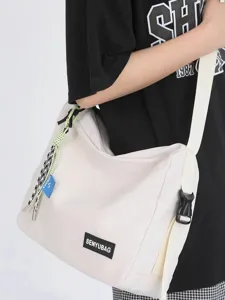 Japanese style solid color canvas messenger bag, minimalist casual crossbody for daily.