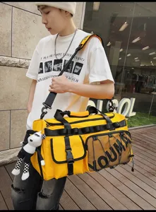 Large capacity sports gym bag with dry wet separation, stylish yellow duffel for travel.