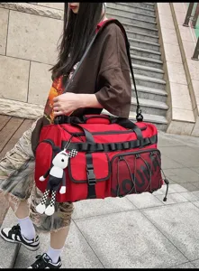 Red large capacity sports gym bag with wet dry separation and multi pockets for travel.