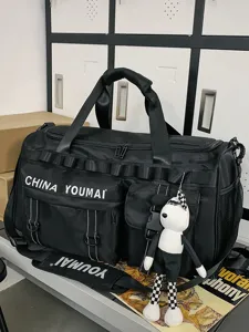 Grote zwarte sporttas reistas fitnessduffel tas voor heren en dames met een pop hanger.