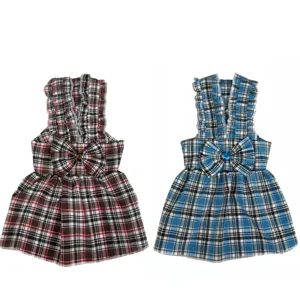 Cute plaid pet dress with bow and ruffles, breathable puppy skirt for small dogs cats summer
