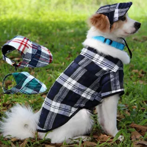 Dog plaid shirt and hat set detail, suitable for small and medium dogs, cute pet apparel.